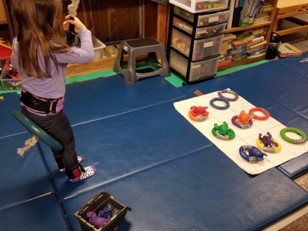 This photo shows a youngster on a disk swing preparing to swing toward a floor target that has grids and rings.