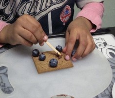 This photo shows a girl using one hand to hold a graham cracker still.  The other hand is  being used to position a blueberry on the cracker.