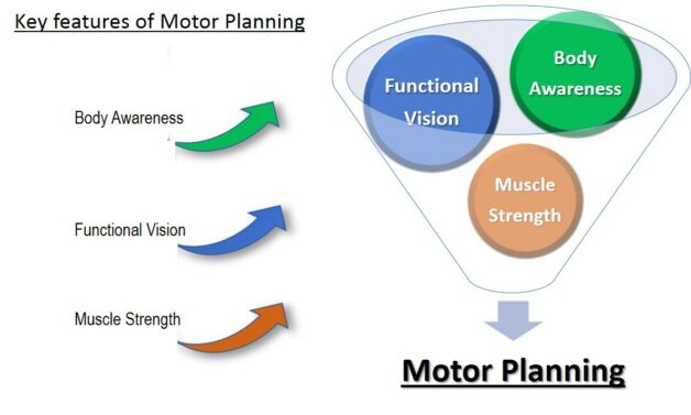 This diagram of key features for motor planning shows a funnel with balls labeled Functional Vision, Body Awareness, and Muscle Strength slipping down through the funnel.