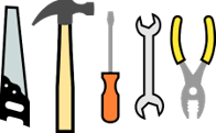 A group of clip art hand tools are shown here. Saw, hammer, screw driver wrench and pliers