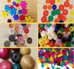 the photo above shows a collage of craft supplies including flower shaped buttons in three sizes Brightly colored buttons in 2 sizes Small pony beads Large wooden beads An assortment of small feathers