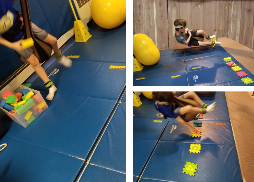 The first photo below shows a boy sitting on a teardrop shaped swing holding a foam block in his hand.  The second photo shows the boy swinging toward a row of numbered tiles.  The last photo shows the boy placing the foam block onto a tile as he swings over the row of tiles.   