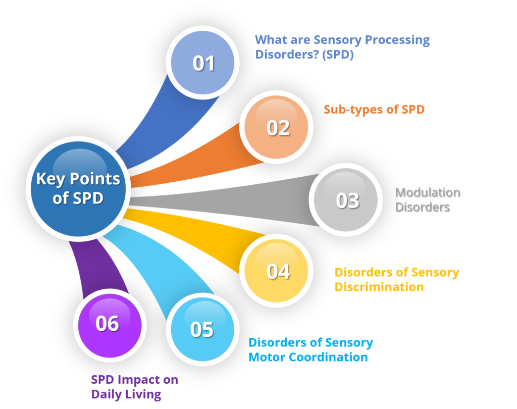 The illustration is a circular image of Key points of SPD Sub-types, namely Modulation Disorders, Coordination Disorders, and Discrimination Disorders